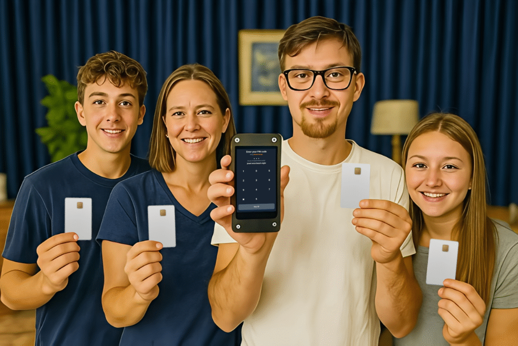 Eine glückliche Familie die den Specter Shield in der Hand hält. Jeder der 4 Familienmitglieder hält ebenfalls eine Smartcard in der Hand.