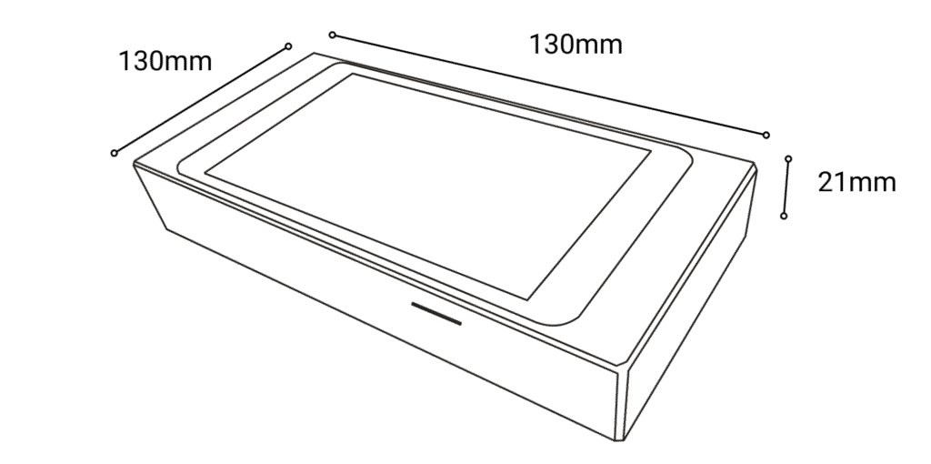 Skizzenzeichung vom Specter DIY Hardware Wallet mit den Maßen: 130 x 64 x 21 mm