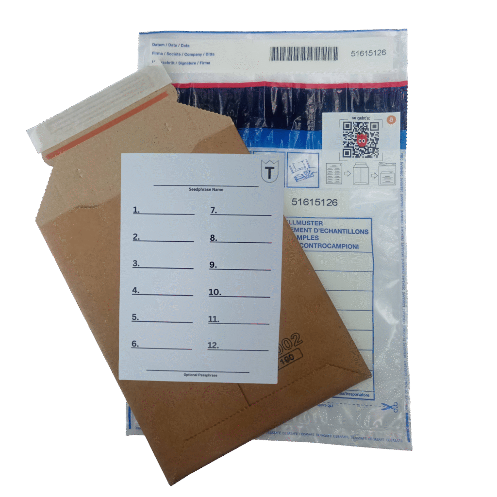 Backup Stack, enthält das TerraPhrase Paper, die Sichtschutzpappe und die manipulationssicheren Debasafe Sicherheitsbeutel.