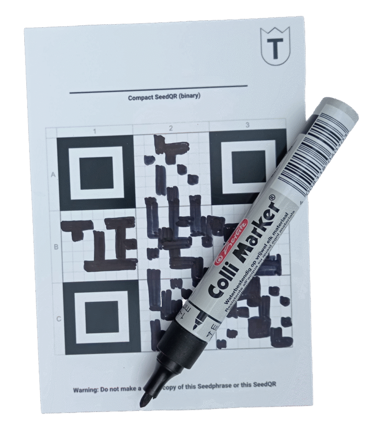 Rückseite vom TerraPhrase Paper. Mit binary (compact) SeedQR zum schnellen einscannen der Bitcoin Seedphrase.